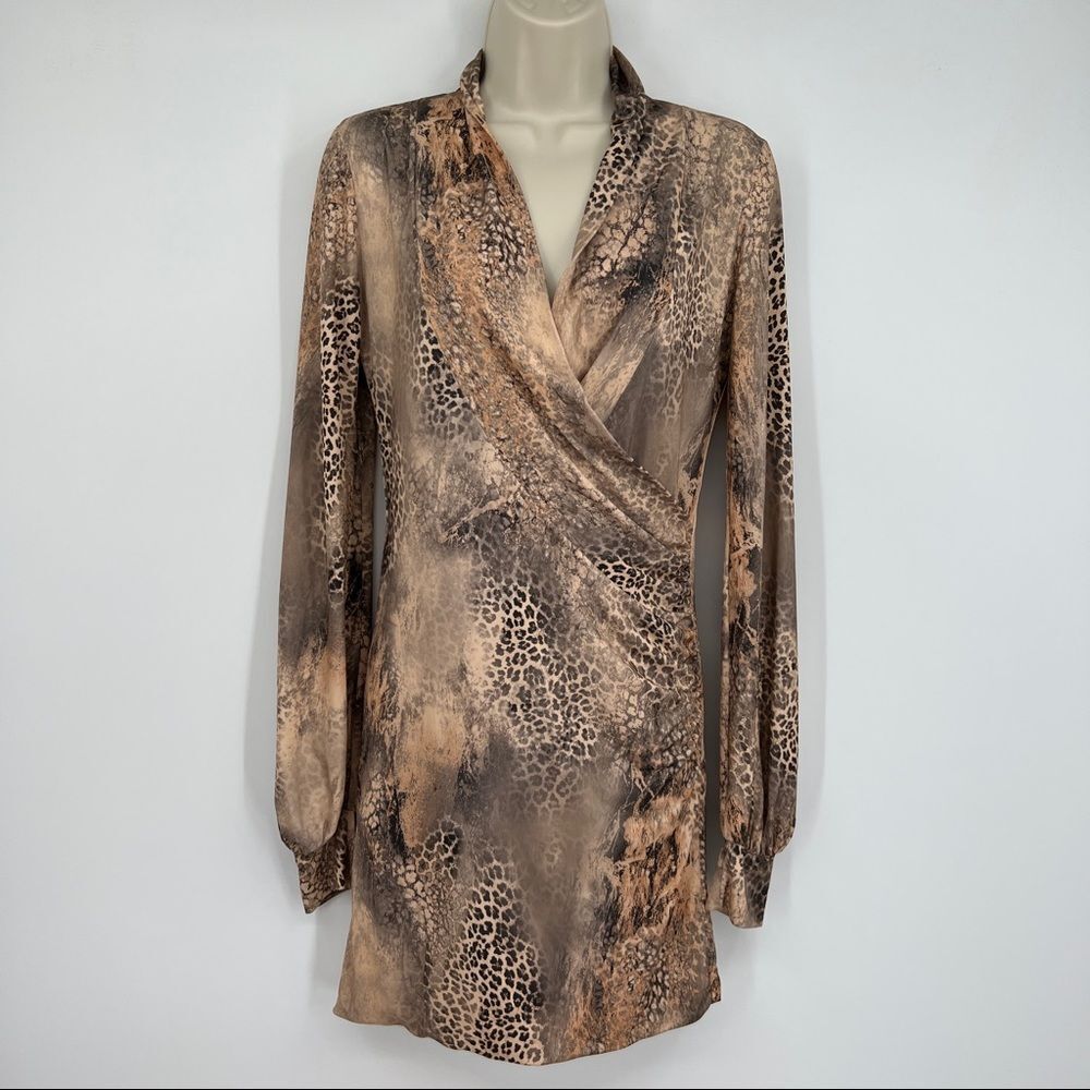 Savee Couture Animal Leopard Wrap V-neckline Long Sleeves Abstract Dress